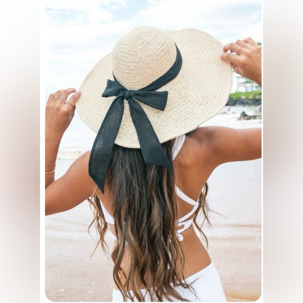 Wide Brim Straw Sun Hat with Black Bow